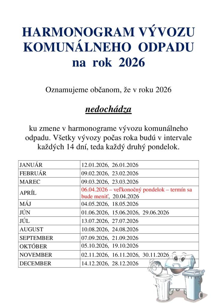 harmonogram vývozu 2026